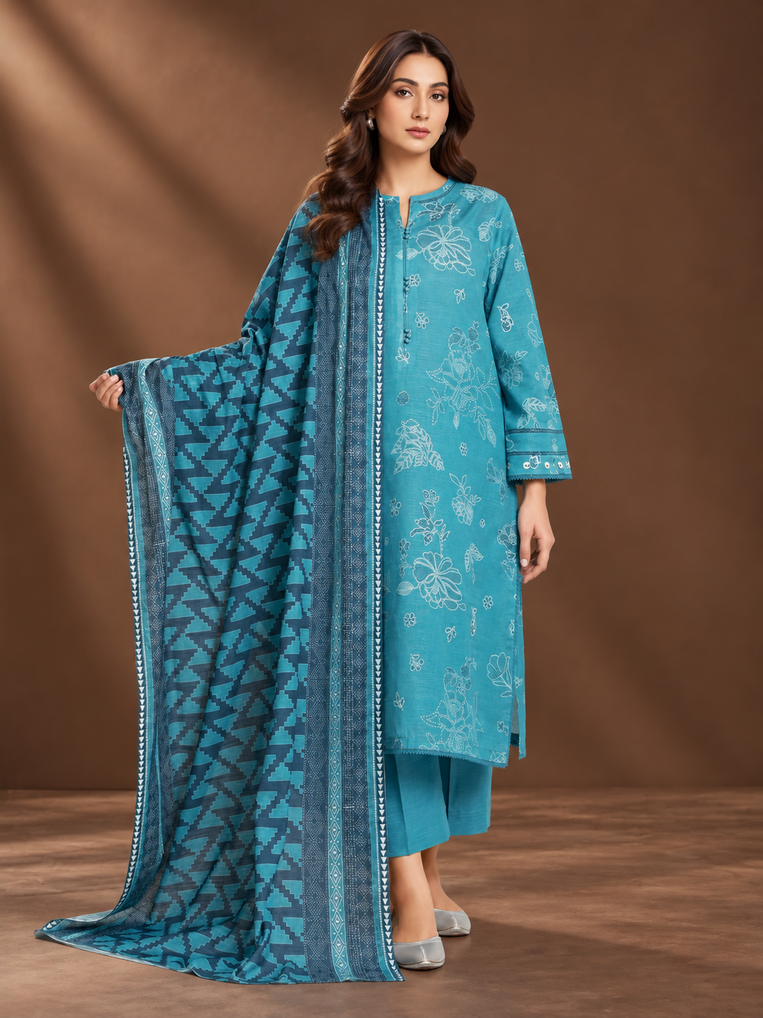 Printed khaddar suit